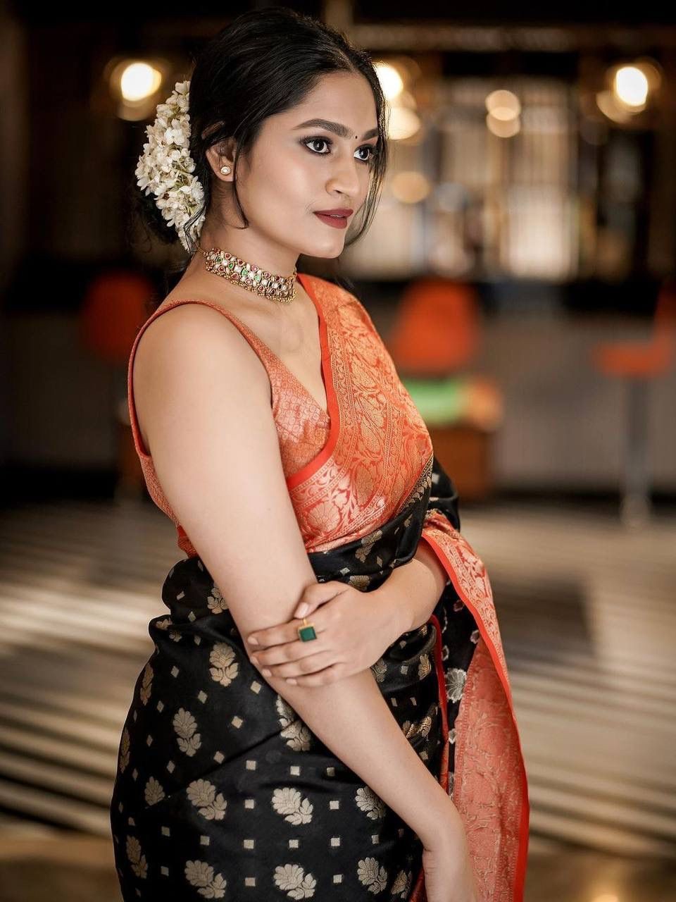 Semi Silk Kanjeevaram Elegant Design Black Color Saree with Zari Border Butti and Rich Pallu
