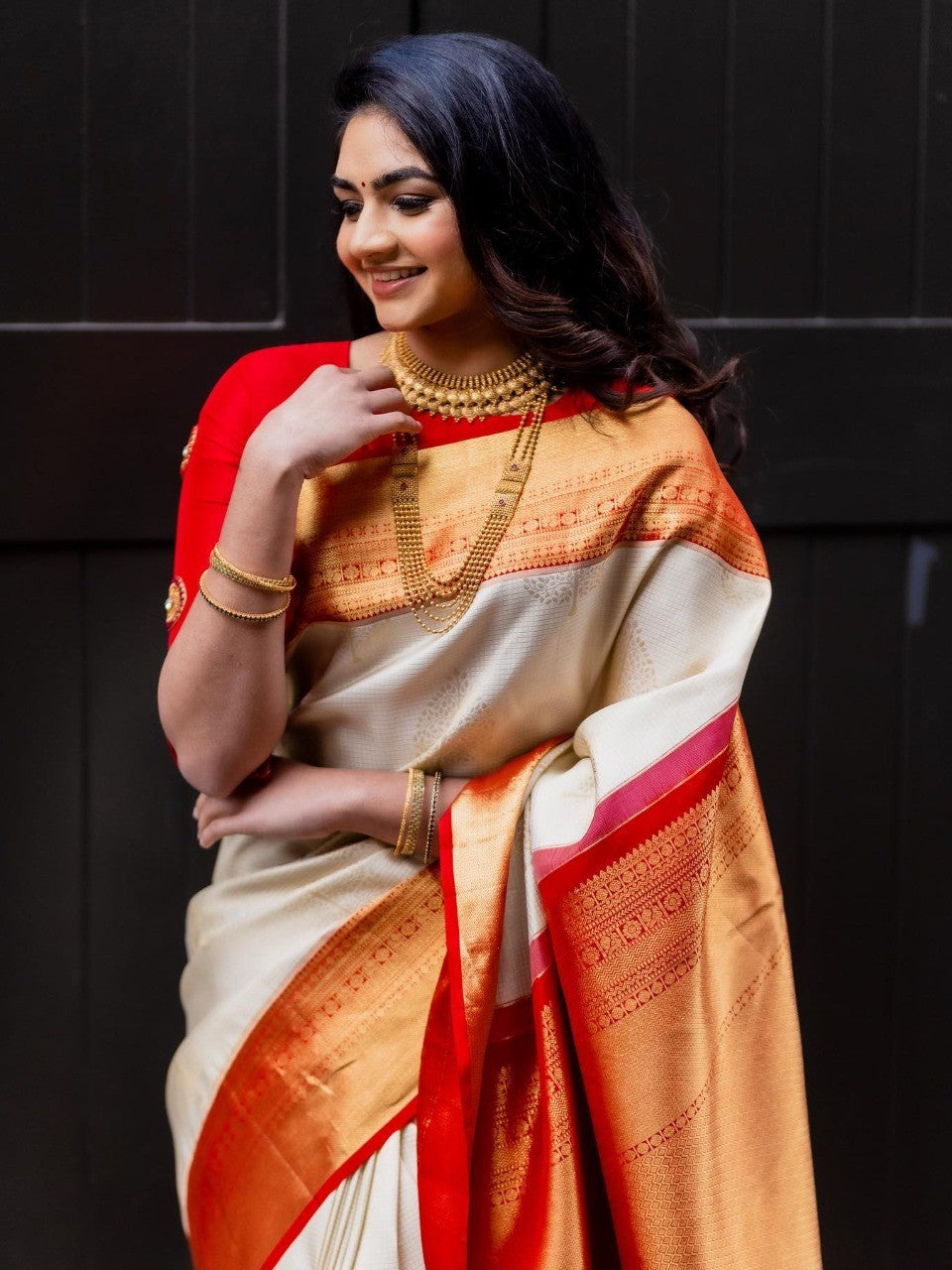 Semi Silk Kanjeevaram Elegant Design Cream Color Saree with Rich Pallu