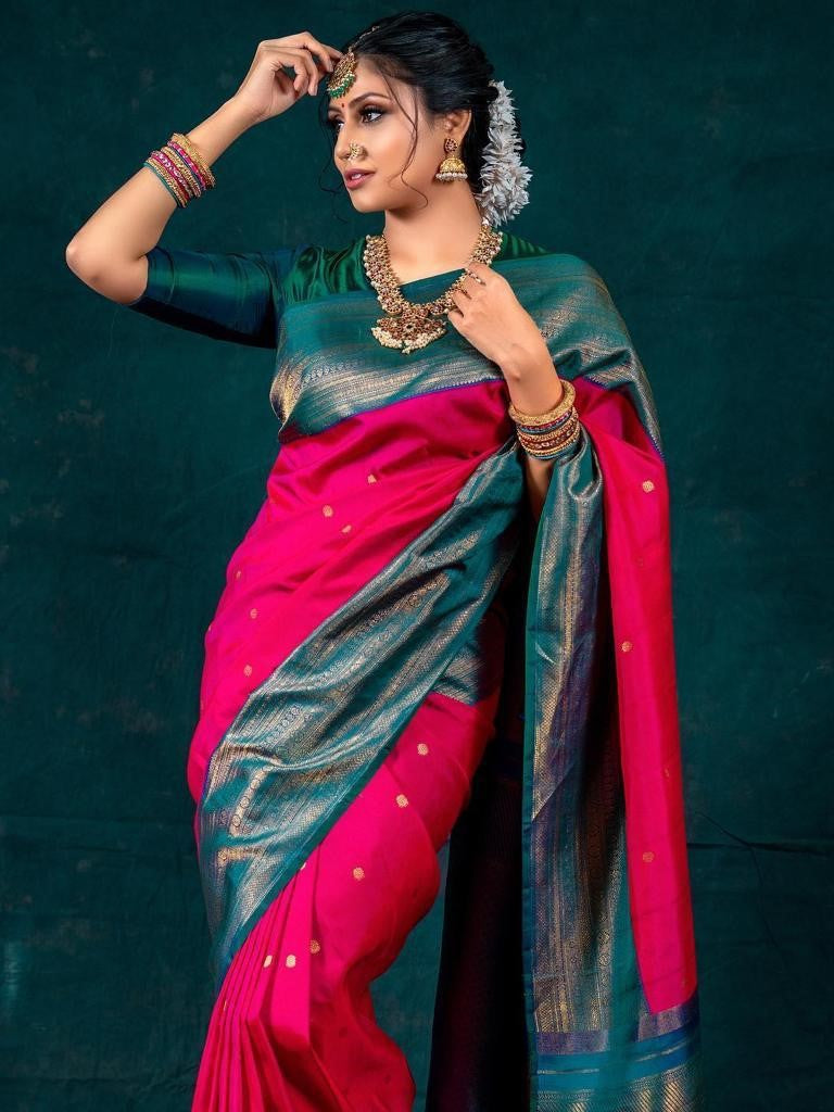Art Silk Kanjeevaram Saree in Red and Green Shades