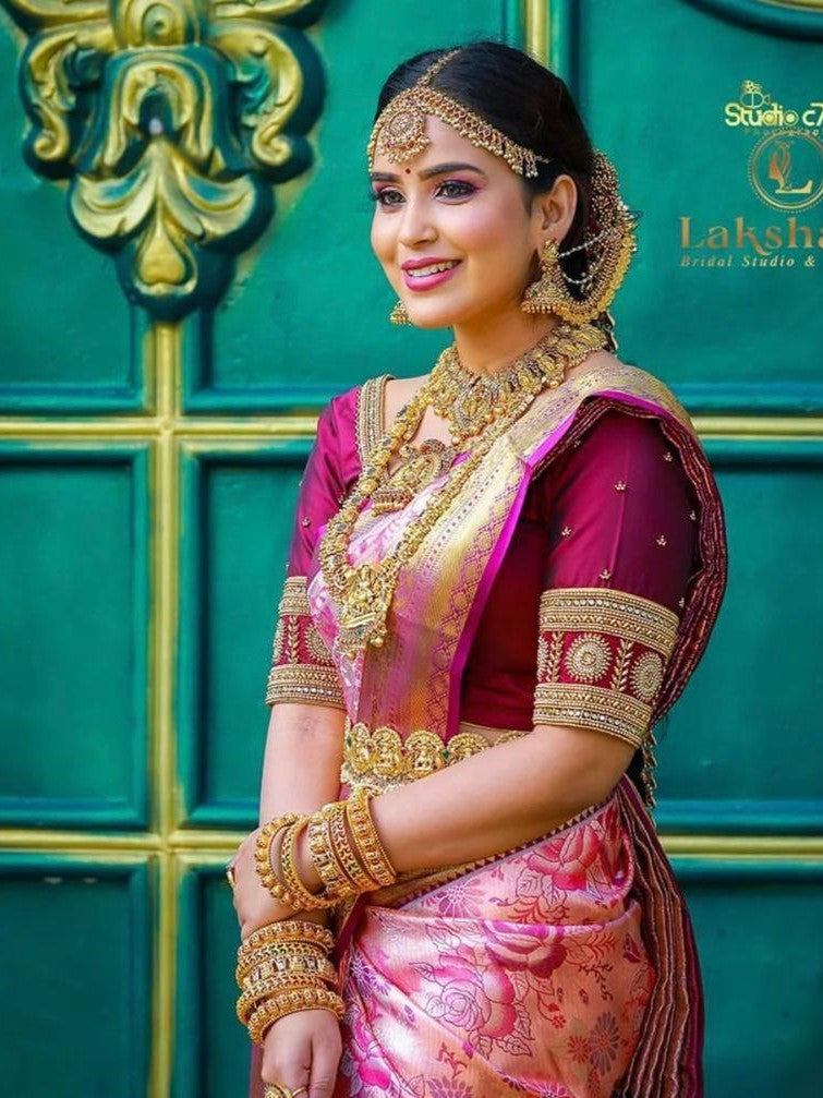 Semi Silk Kanjeevaram Saree in Fuchsia Pink