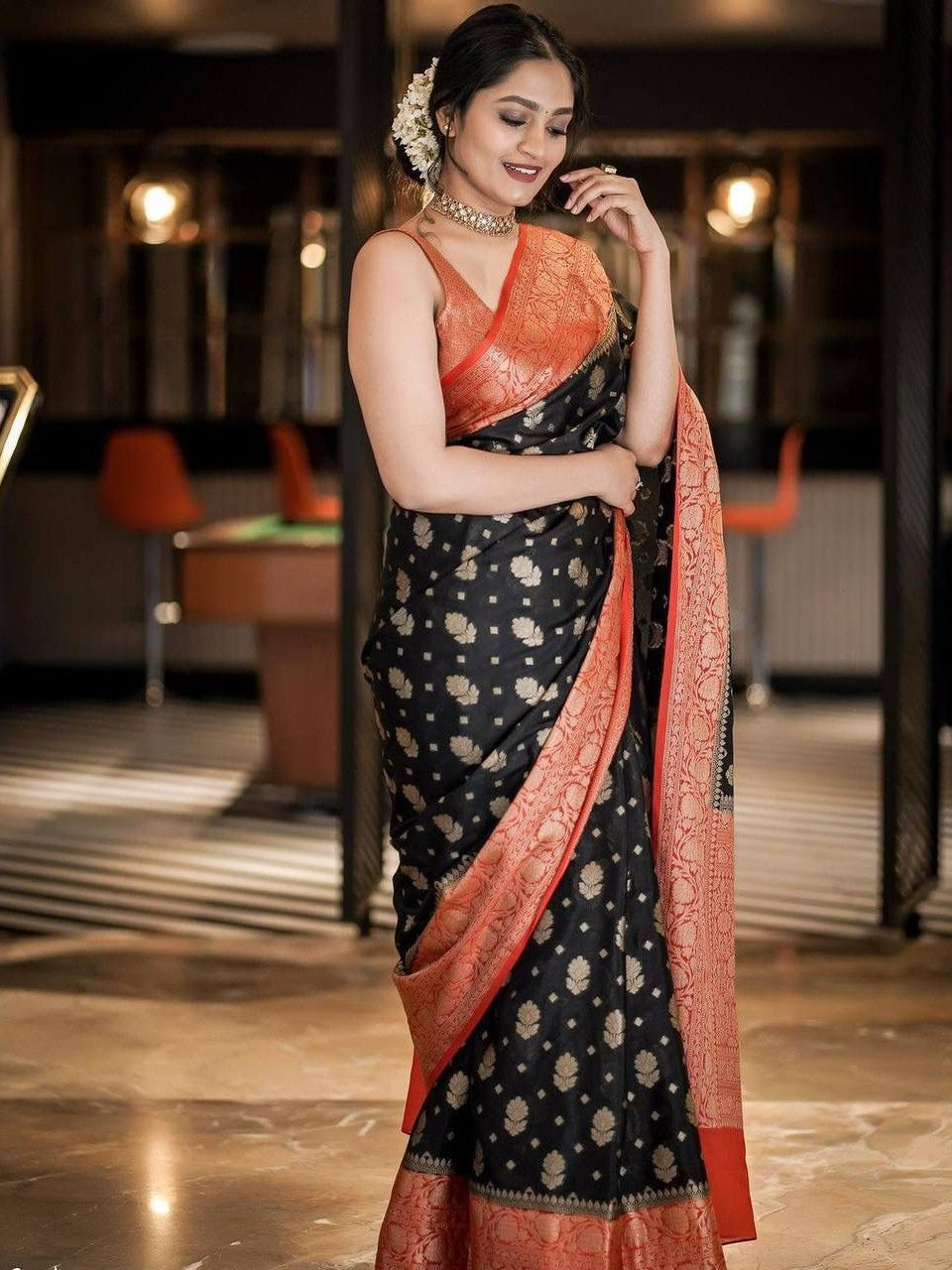 Semi Silk Kanjeevaram Elegant Design Black Color Saree with Zari Border Butti and Rich Pallu