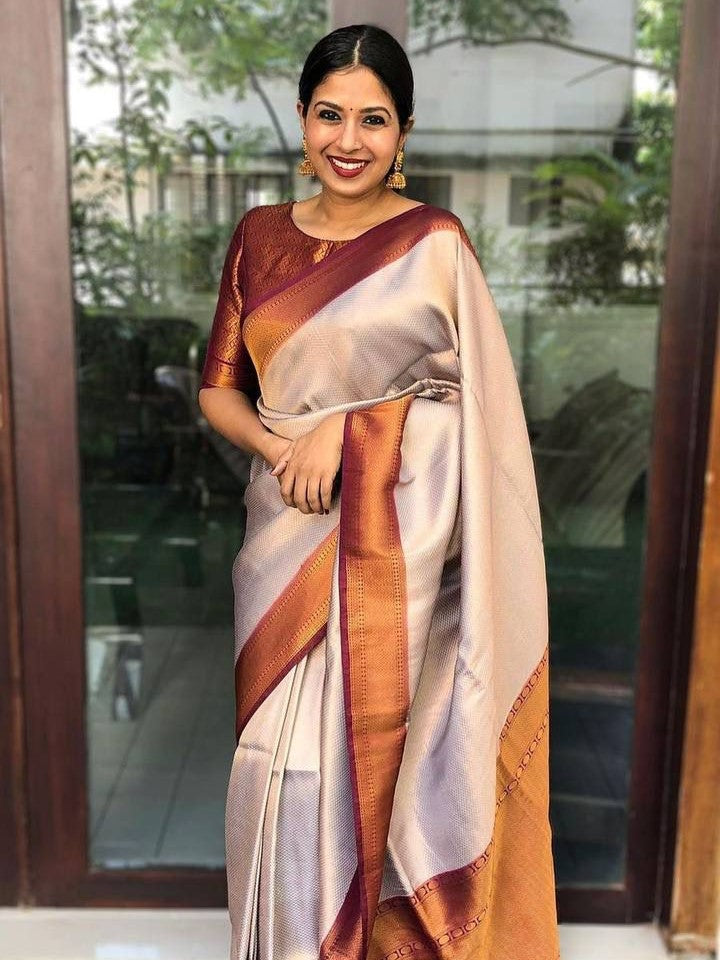 Semi Silk Kanjeevaram Elegant Design Silverish Grey Saree with Handmade Tussels