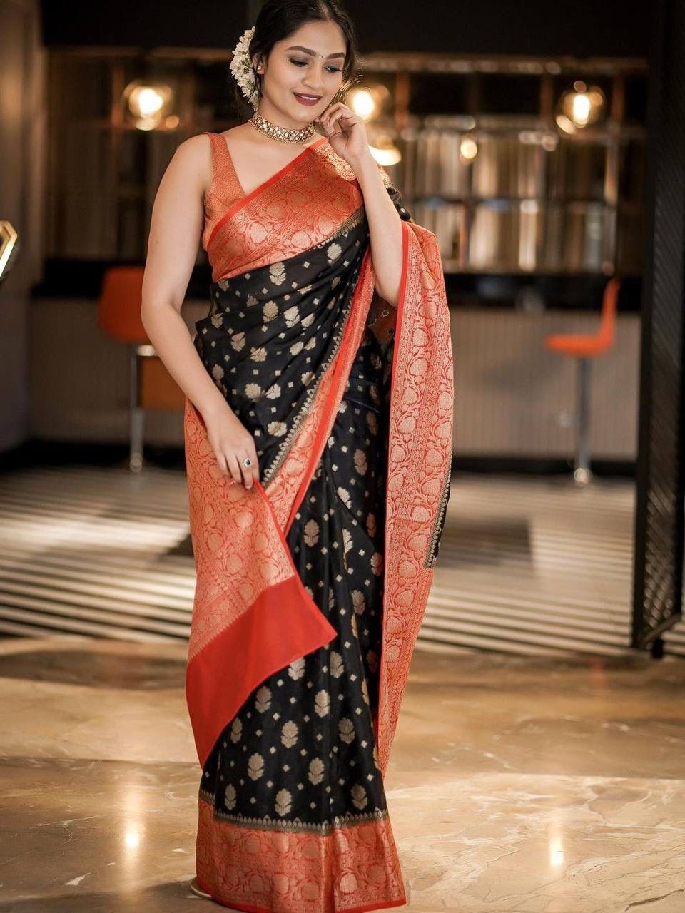 Semi Silk Kanjeevaram Elegant Design Black Color Saree with Zari Border Butti and Rich Pallu