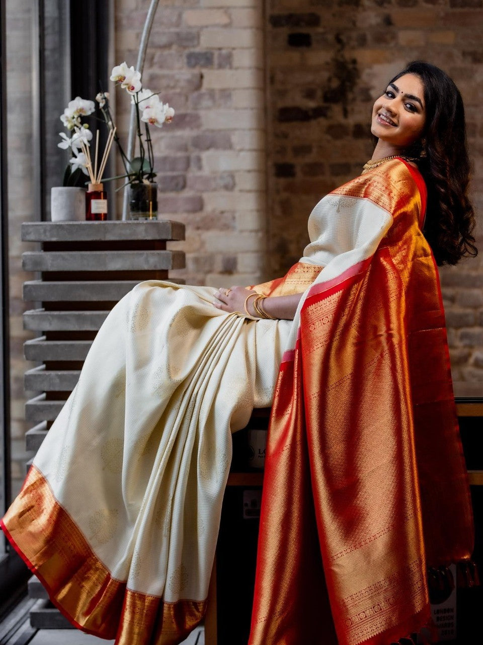 Semi Silk Kanjeevaram Elegant Design Cream Color Saree with Rich Pallu