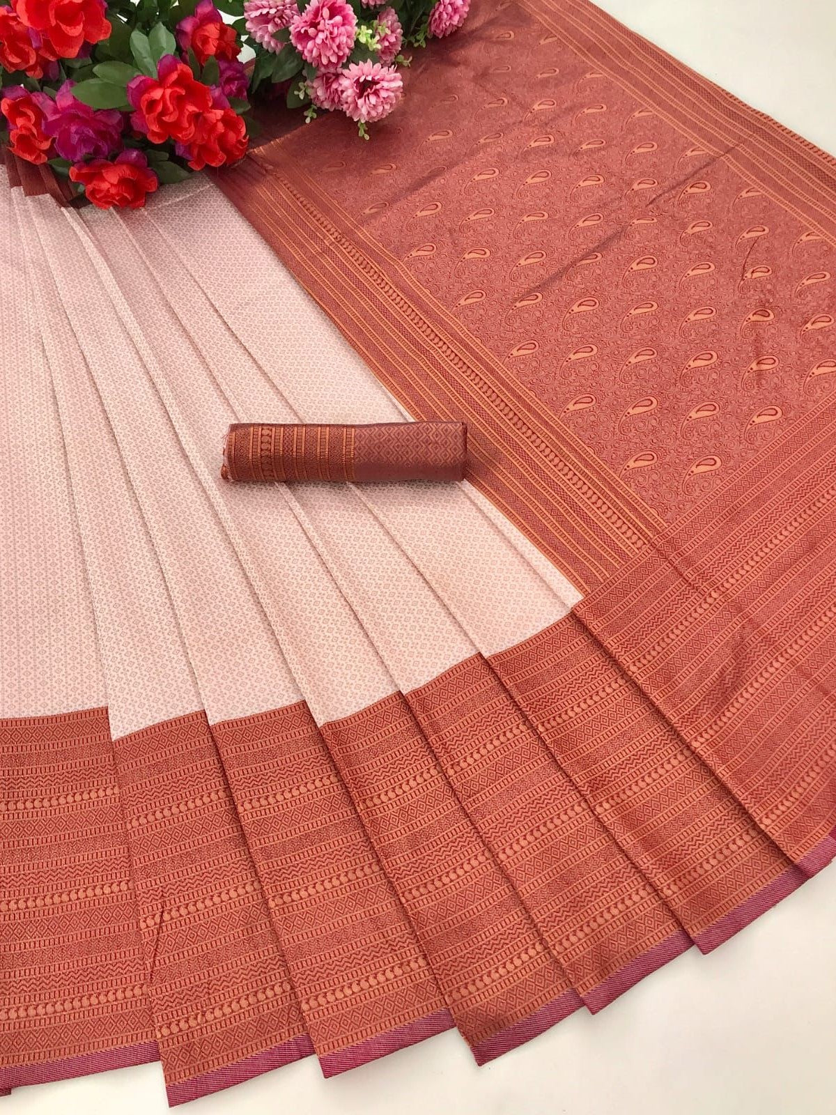 Semi Silk Kanjeevaram Elegant Design Silverish Grey Saree with Handmade Tussels