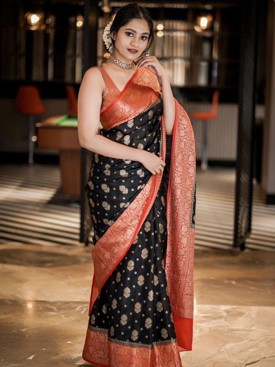 Semi Silk Kanjeevaram Elegant Design Black Color Saree with Zari Border Butti and Rich Pallu