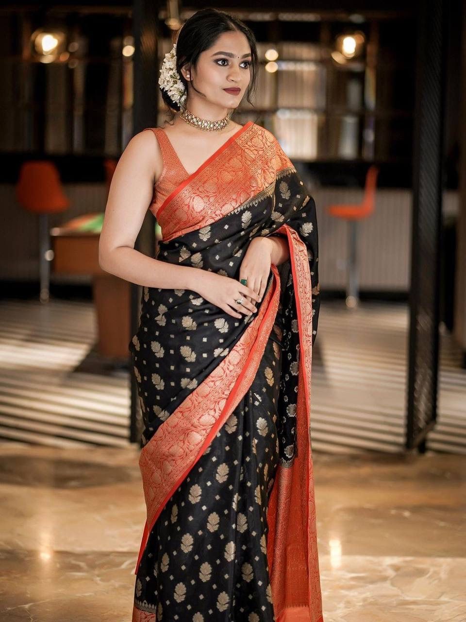 Semi Silk Kanjeevaram Elegant Design Black Color Saree with Zari Border Butti and Rich Pallu