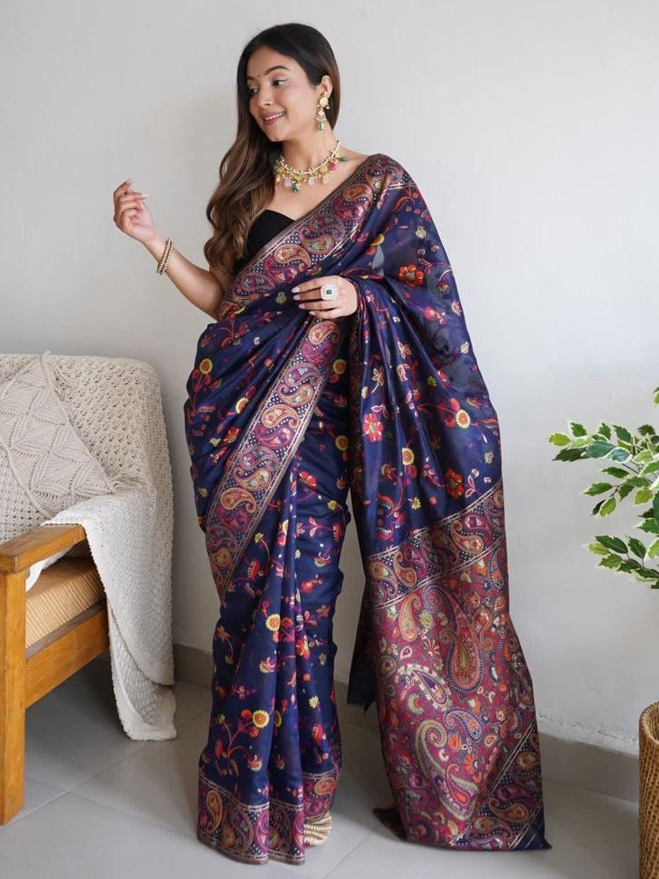 Kashmiri Pashmina Cotton Silk Saree with Kachi Work Banarasi Border and Rich Pallu