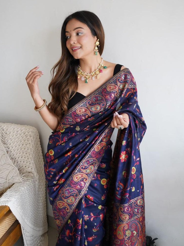 Kashmiri Pashmina Cotton Silk Saree with Kachi Work Banarasi Border and Rich Pallu