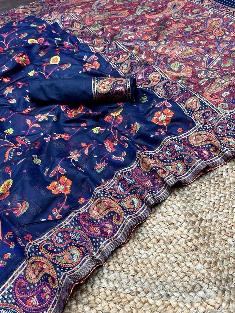 Kashmiri Pashmina Cotton Silk Saree with Kachi Work Banarasi Border and Rich Pallu