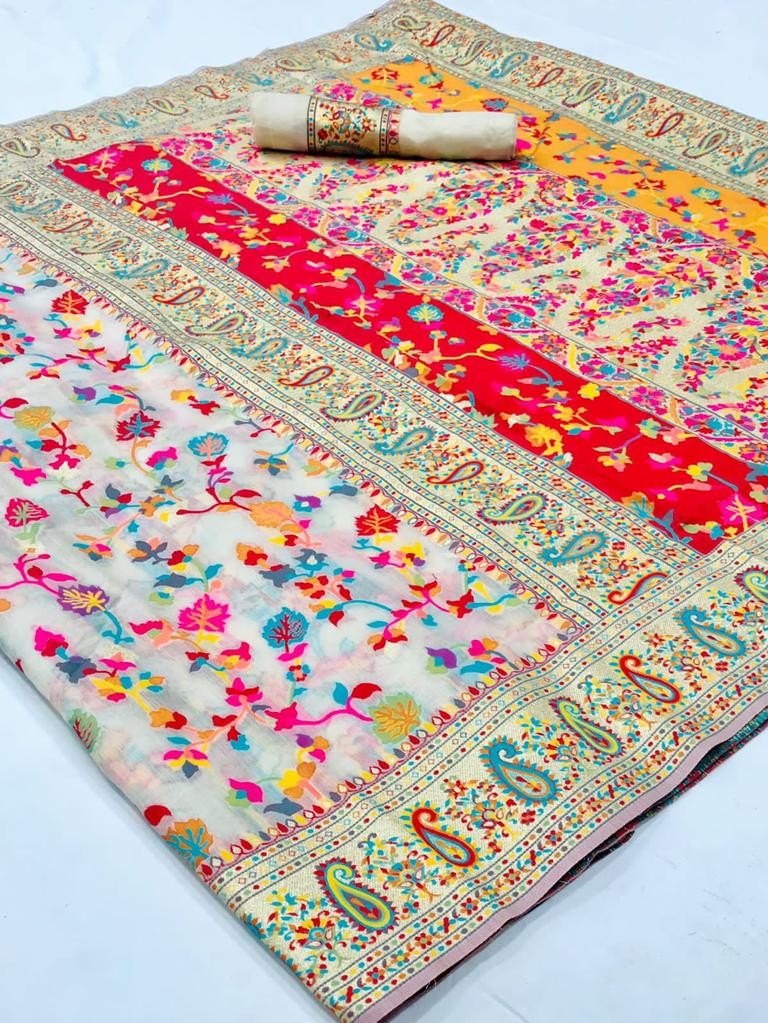 Cotton Silk Sarees With Kashmiri Pashmina Kachi Work Banarasi Borderwith and Rich Pallu