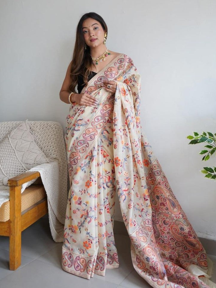 Kashmiri Pashmina Cotton Silk Saree with Kachi Work Banarasi Border and Rich Pallu