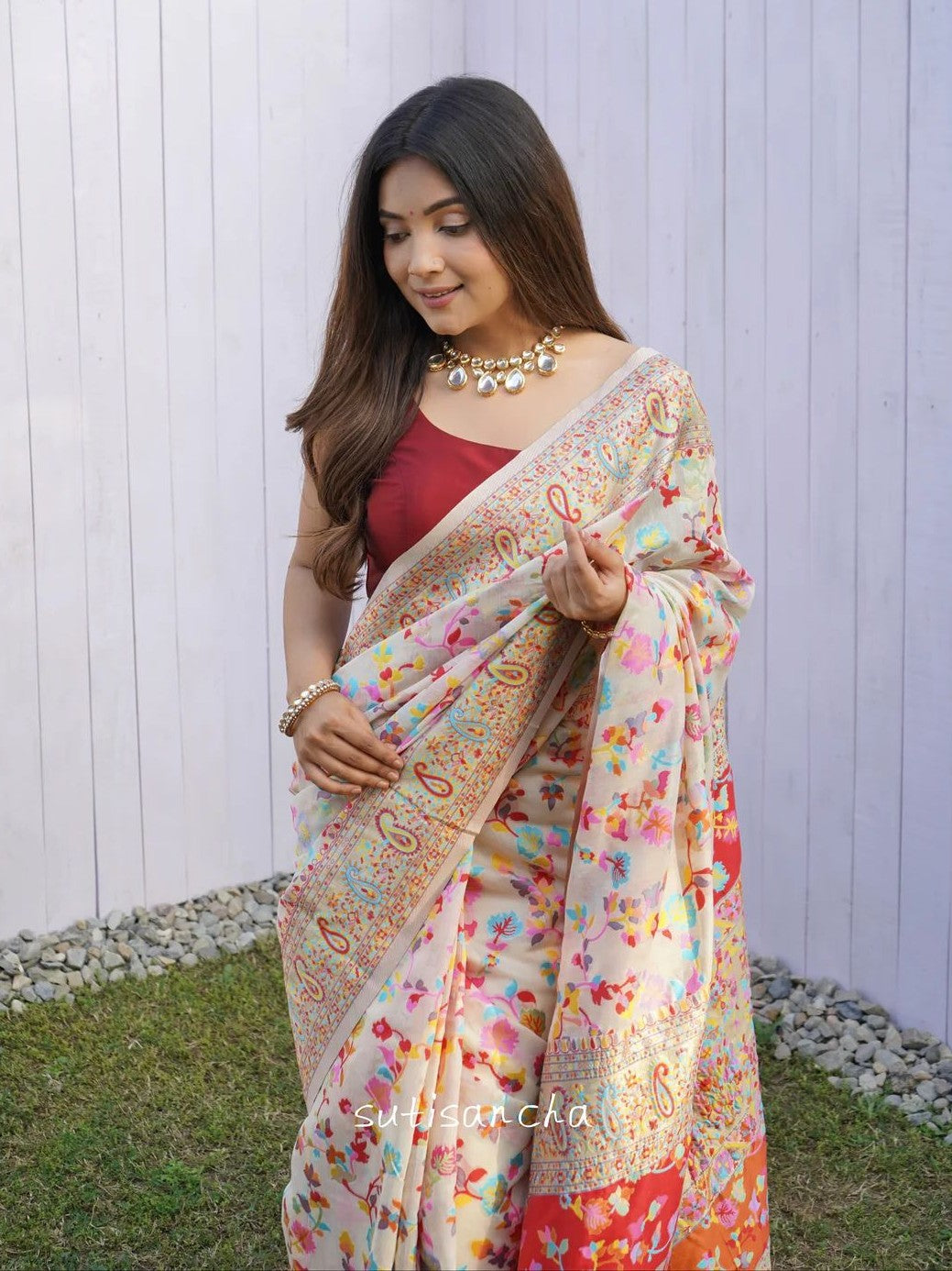 Cotton Silk Sarees With Kashmiri Pashmina Kachi Work Banarasi Borderwith and Rich Pallu