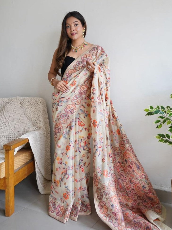 Kashmiri Pashmina Cotton Silk Saree with Kachi Work Banarasi Border and Rich Pallu