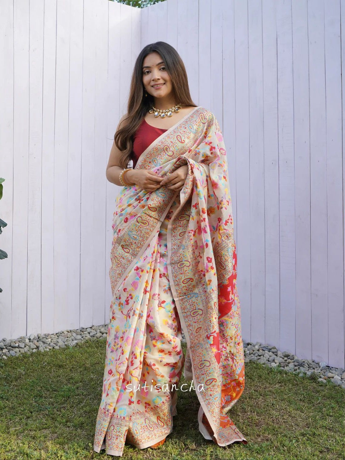 Cotton Silk Sarees With Kashmiri Pashmina Kachi Work Banarasi Borderwith and Rich Pallu