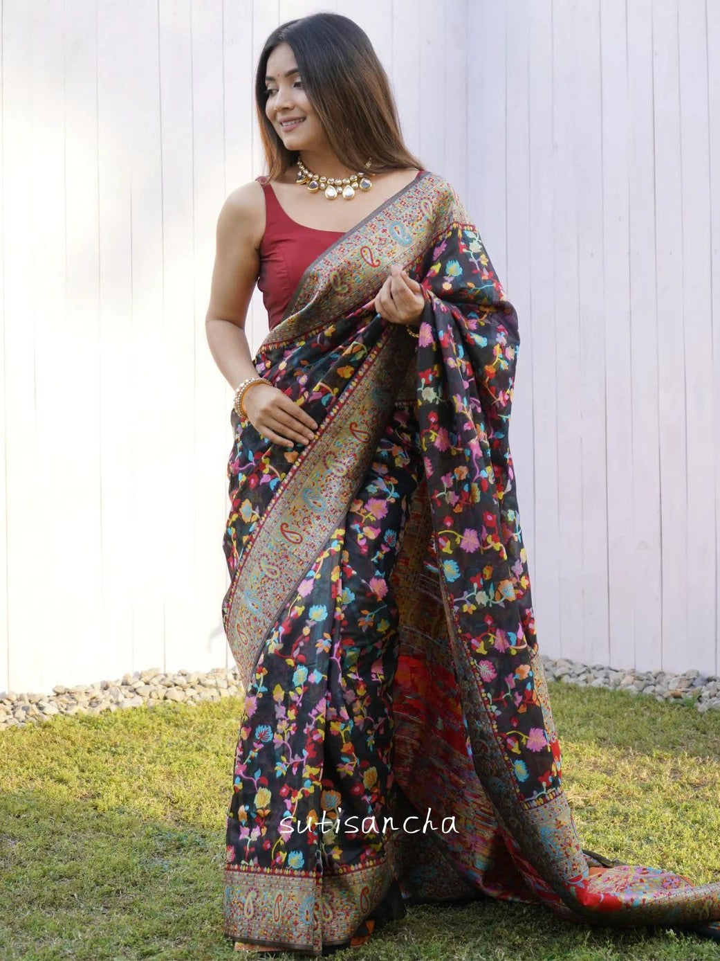 Cotton Silk Sarees With Kashmiri Pashmina Kachi Work Banarasi Borderwith and Rich Pallu