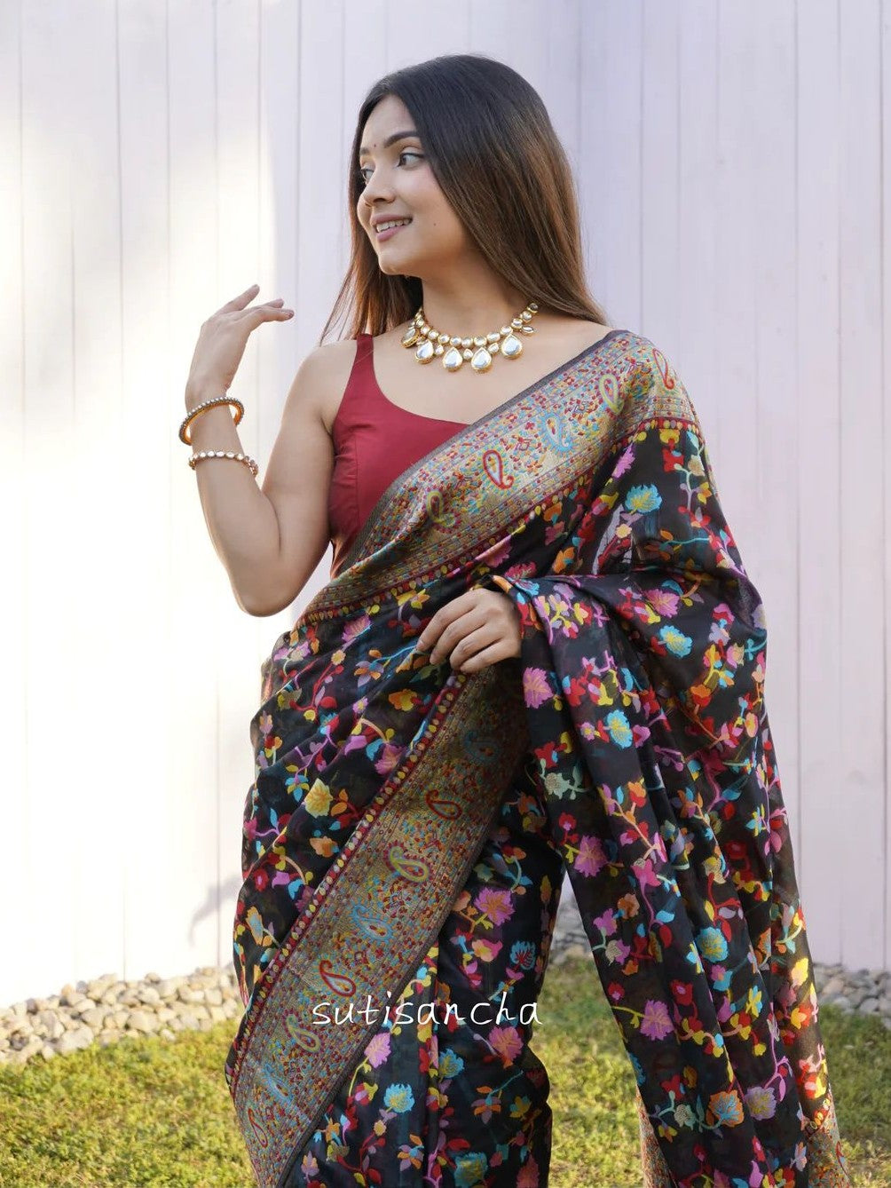 Cotton Silk Sarees With Kashmiri Pashmina Kachi Work Banarasi Borderwith and Rich Pallu