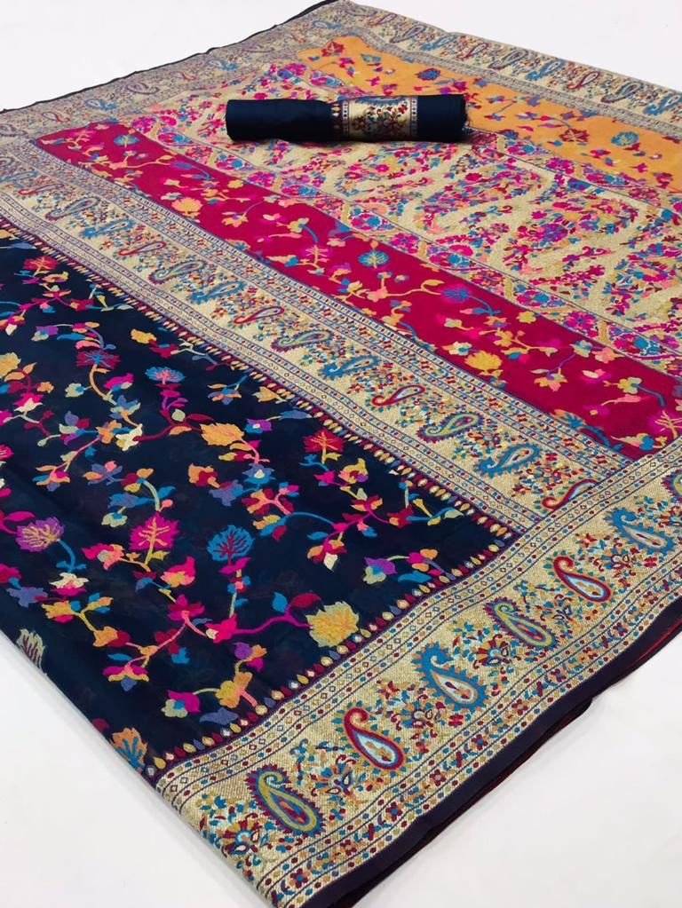 Cotton Silk Sarees With Kashmiri Pashmina Kachi Work Banarasi Borderwith and Rich Pallu