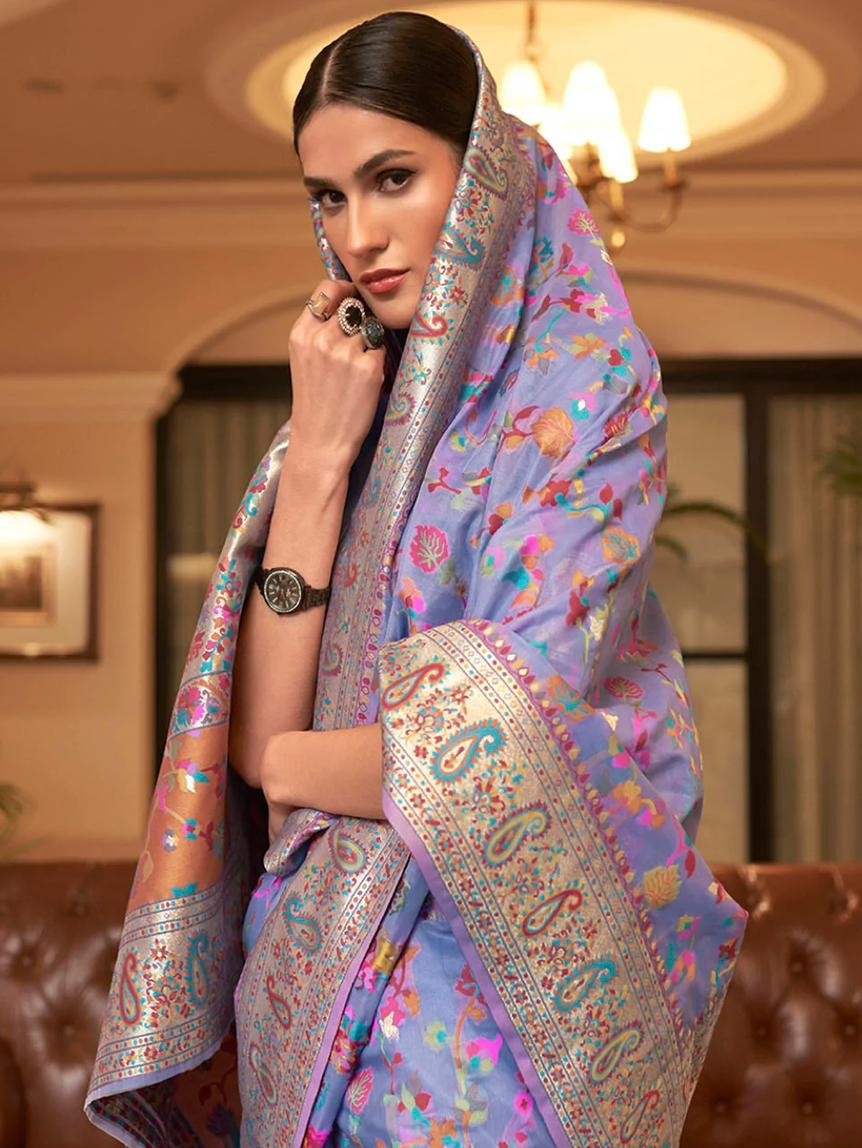 Cotton Silk Sarees With Kashmiri Pashmina Kachi Work Banarasi Borderwith and Rich Pallu