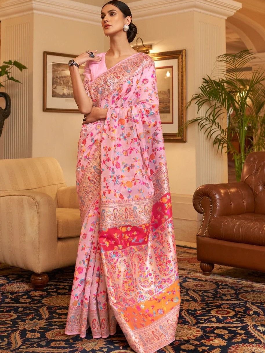 Cotton Silk Sarees With Kashmiri Pashmina Kachi Work Banarasi Borderwith and Rich Pallu