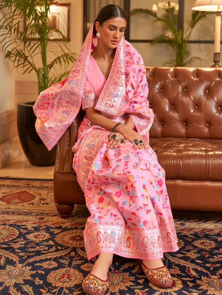 Cotton Silk Sarees With Kashmiri Pashmina Kachi Work Banarasi Borderwith and Rich Pallu