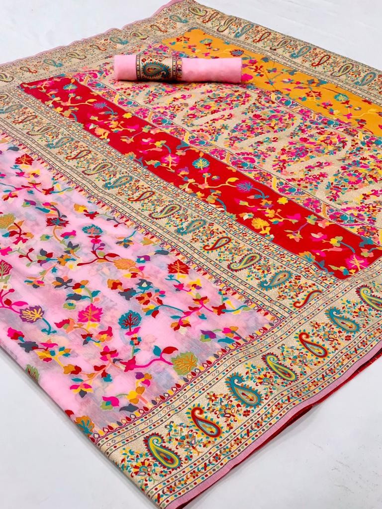 Cotton Silk Sarees With Kashmiri Pashmina Kachi Work Banarasi Borderwith and Rich Pallu