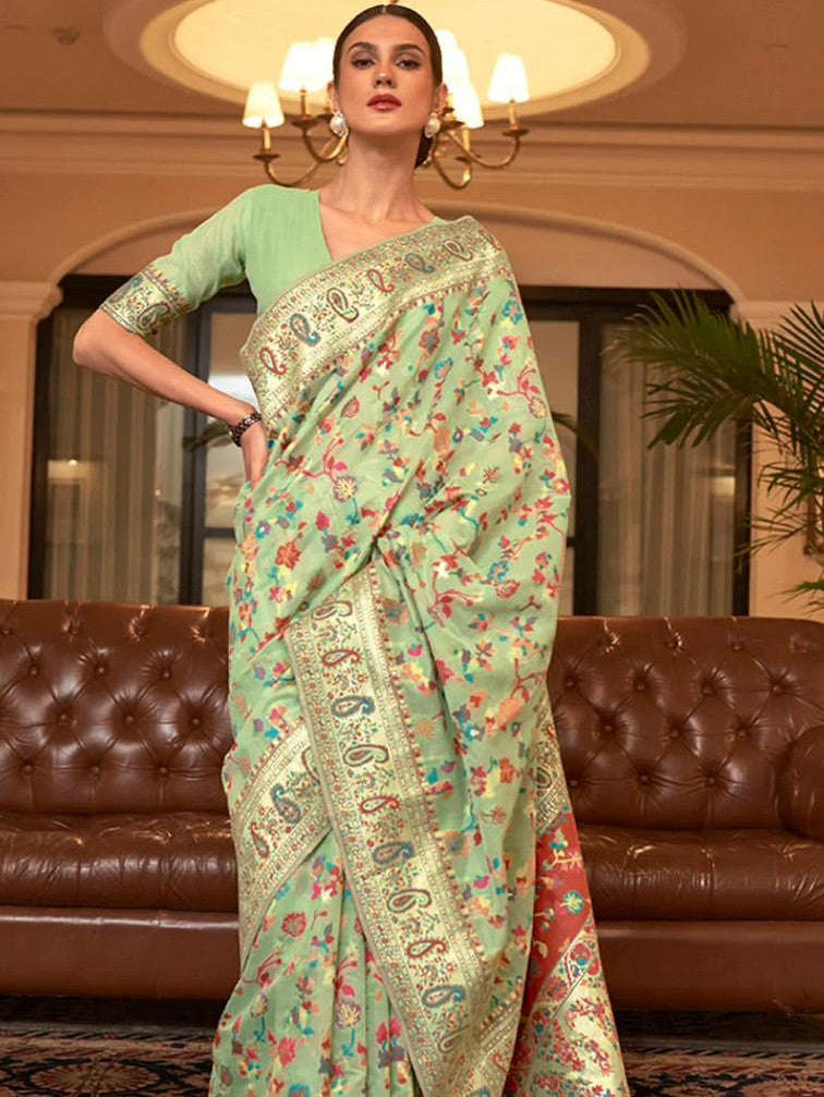 Cotton Silk Sarees With Kashmiri Pashmina Kachi Work Banarasi Borderwith and Rich Pallu