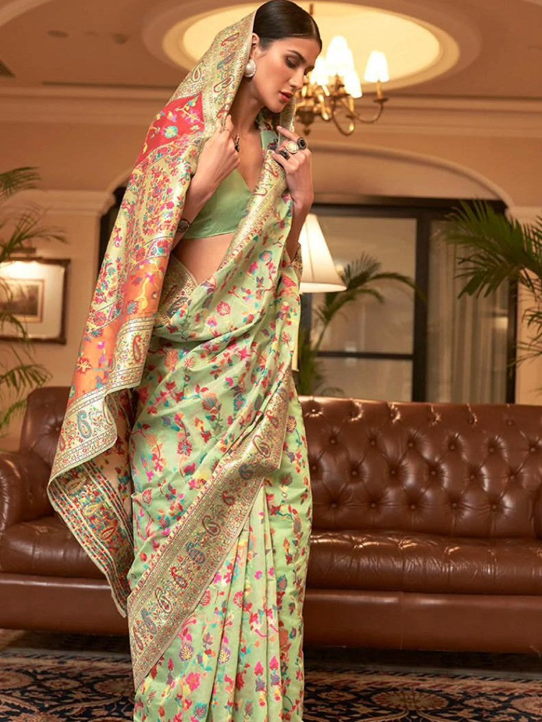 Cotton Silk Sarees With Kashmiri Pashmina Kachi Work Banarasi Borderwith and Rich Pallu