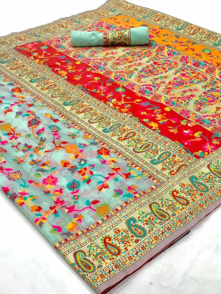 Cotton Silk Sarees With Kashmiri Pashmina Kachi Work Banarasi Borderwith and Rich Pallu
