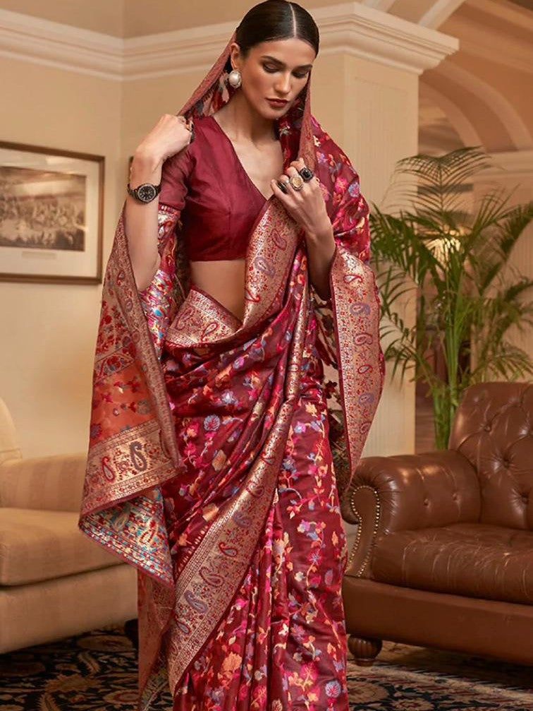 Cotton Silk Sarees With Kashmiri Pashmina Kachi Work Banarasi Borderwith and Rich Pallu