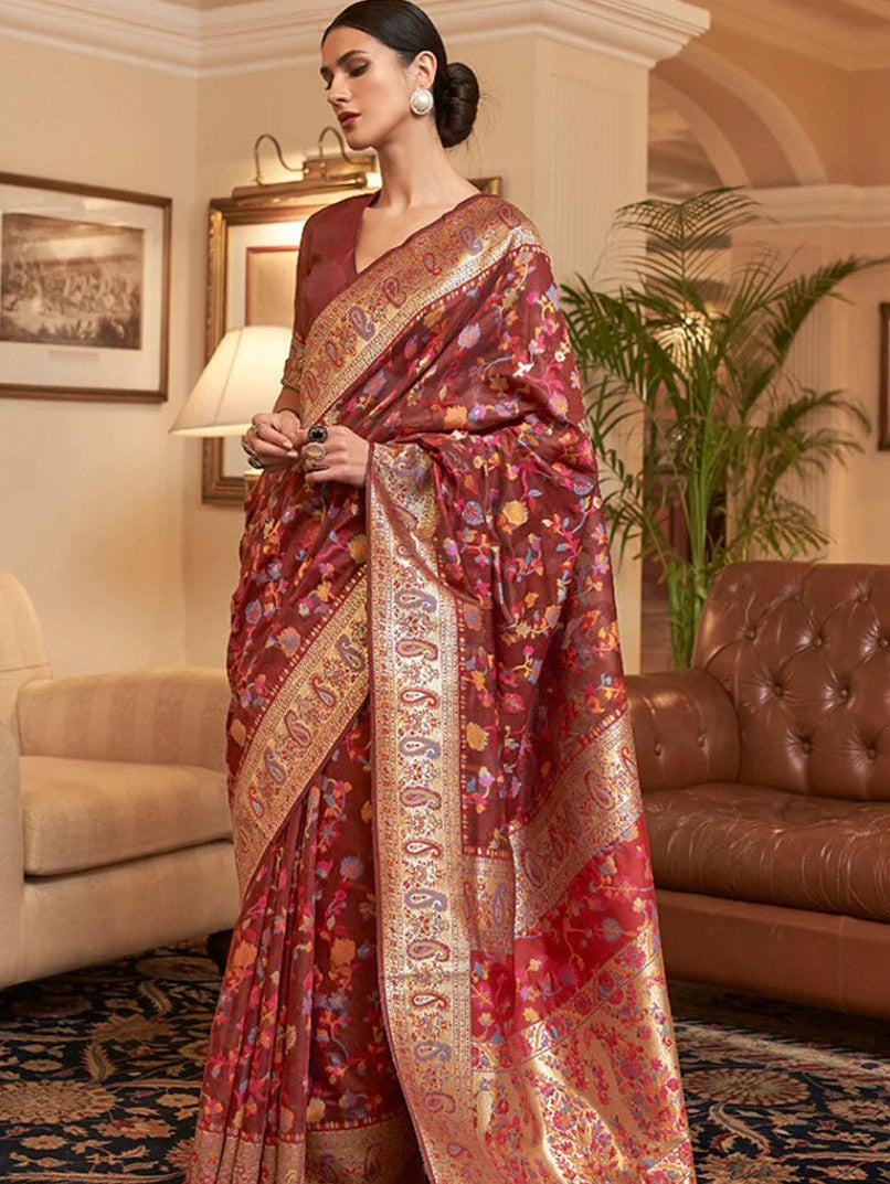 Cotton Silk Sarees With Kashmiri Pashmina Kachi Work Banarasi Borderwith and Rich Pallu