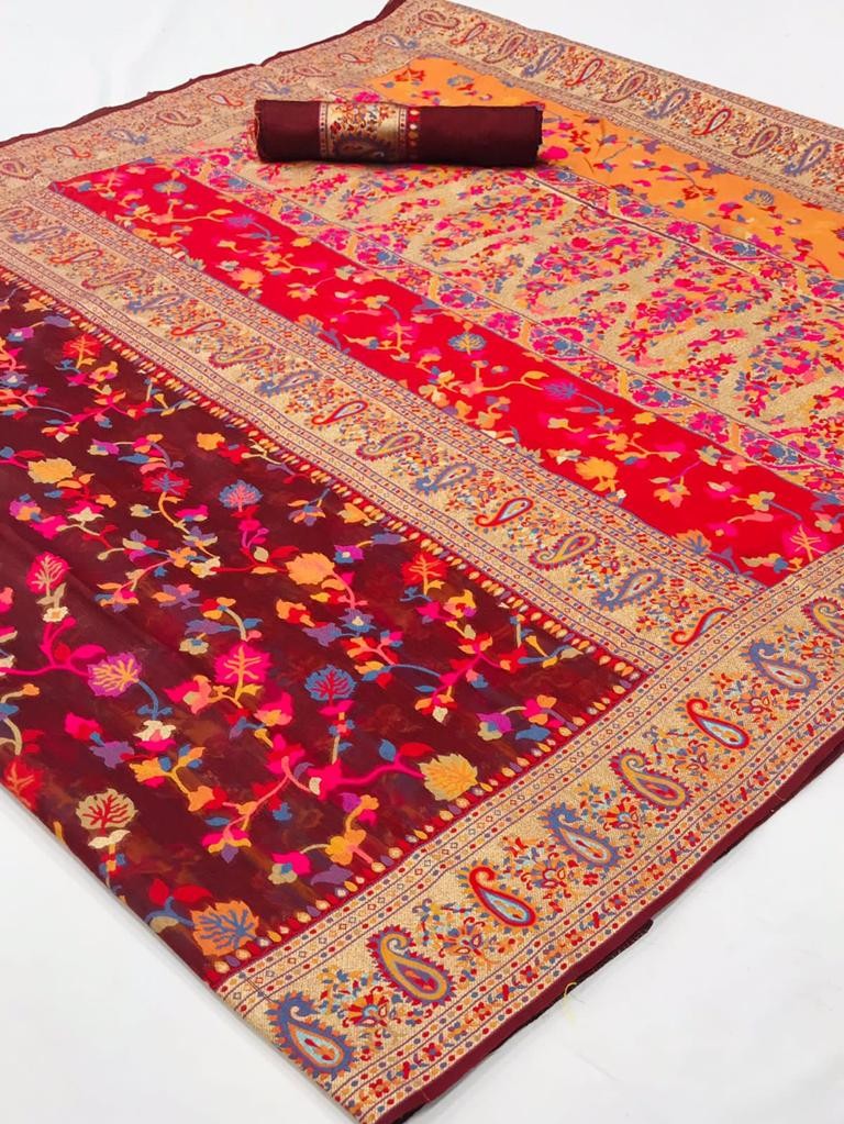 Cotton Silk Sarees With Kashmiri Pashmina Kachi Work Banarasi Borderwith and Rich Pallu