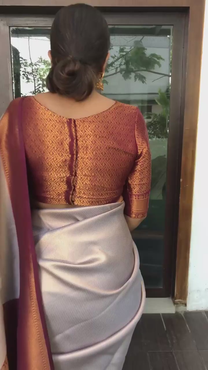 Semi Silk Kanjeevaram Elegant Design Silverish Grey Saree with Handmade Tussels